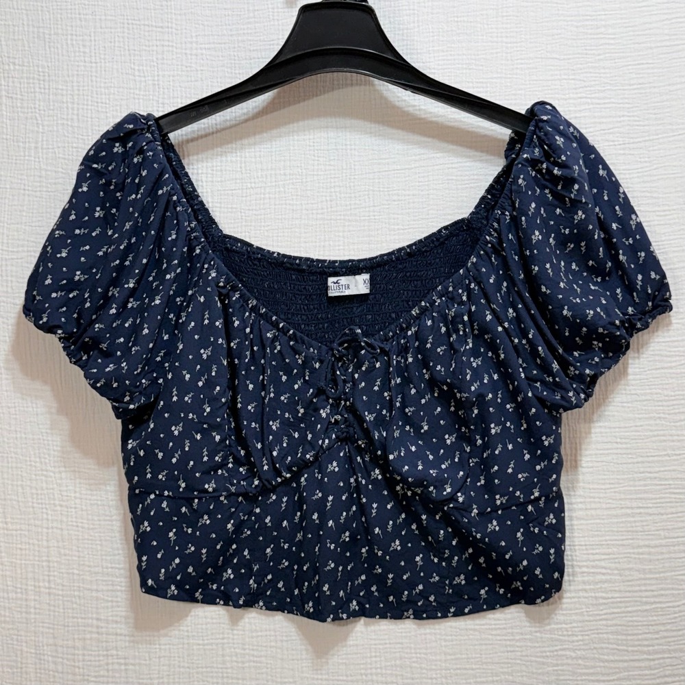 Hollister Crop Top Womens XXL Navy Blue Floral Puff Sleeve Smocked Blouse Boho